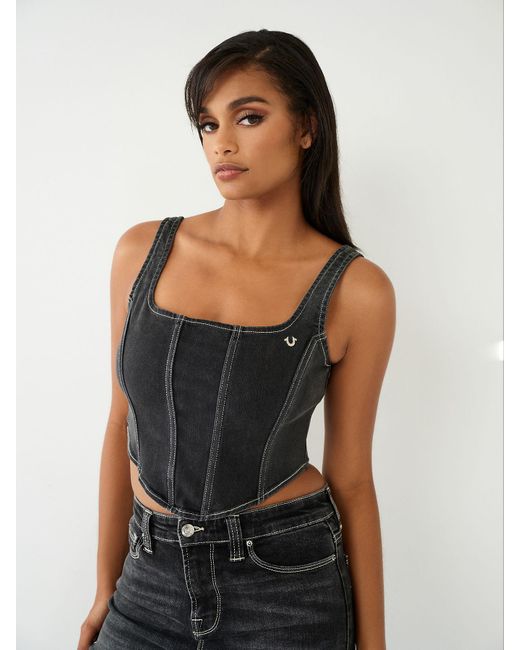 True Religion Lace Up Denim Corset Top in Black | Lyst