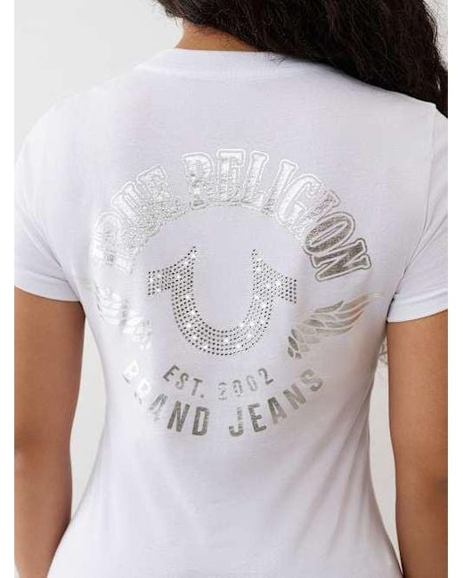 True Religion White Crystal Horseshoe Wing Crew T-shirt