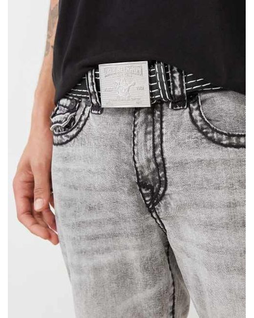 True Religion Gray Leather Big T Stitch Belt