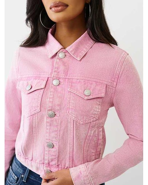 True Religion Red Acid Wash Cropped Trucker Jacket