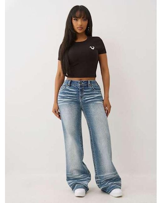 True Religion Blue Bobbi Mid Rise Big T Baggy Jean