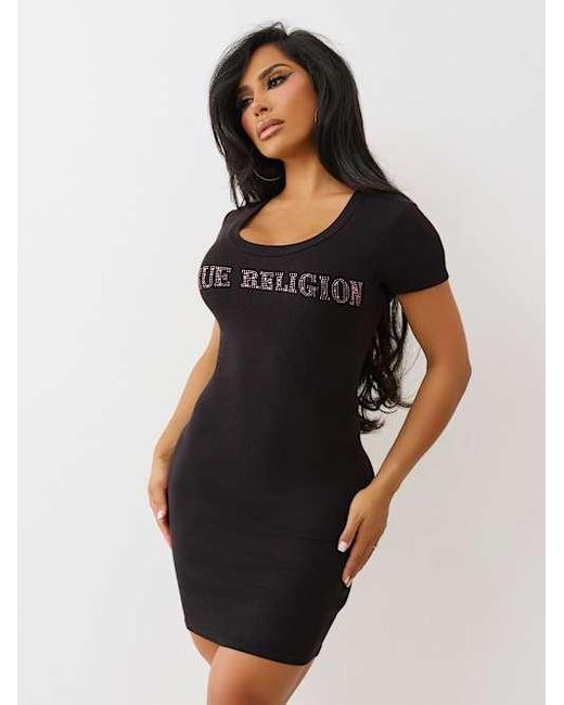 TRUE RELIGION Arched Logo Ribbed T-shirt Dress in Black | Lyst