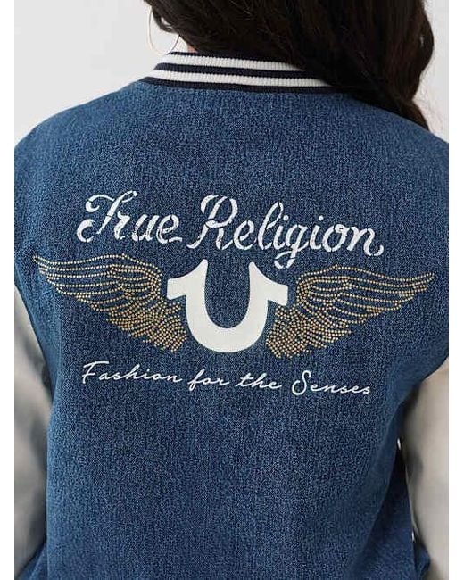 True Religion Blue Crystal Wing Denim Varsity Jacket