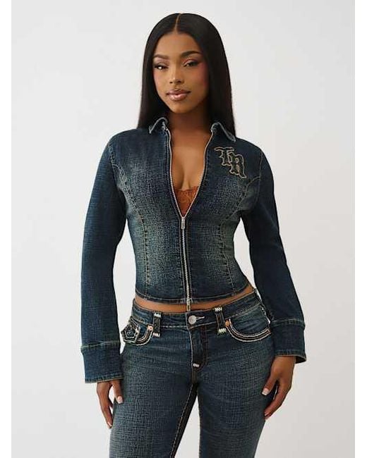TRUE RELIGION Denim Double Zip Jacket in Blue | Lyst
