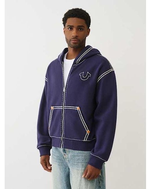 TRUE RELIGION Super Qt Boxy Zip Hoodie in Blue for Men | Lyst