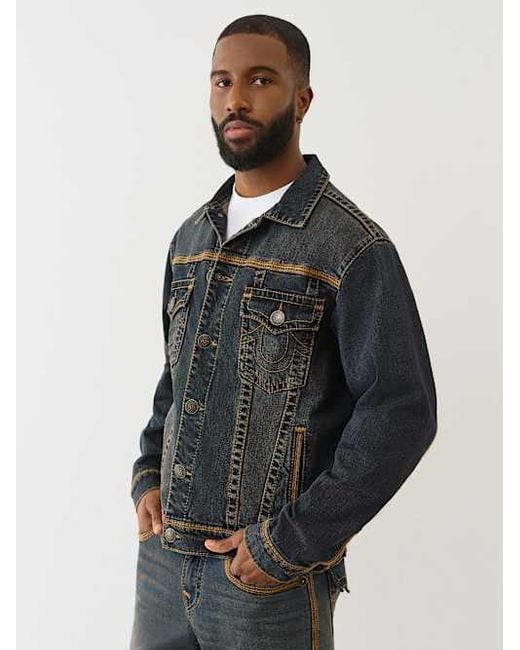 True Religion Black Super T Flatlock Denim Trucker Jacket for men