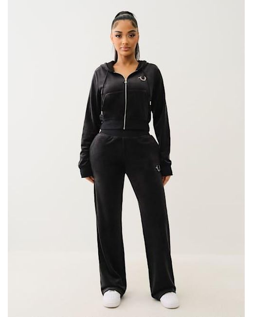 True Religion Black Velour Crystal Horseshoe Straight Leg Pant