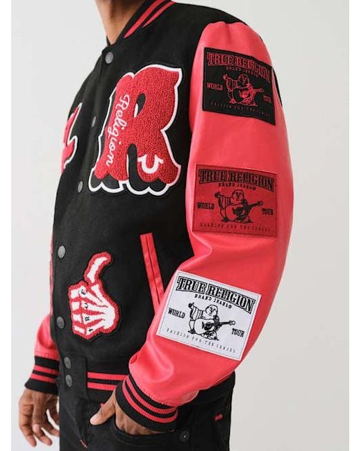 TRUE RELIGION Chenille Logo Patch Varsity Jacket in Red for Men | Lyst