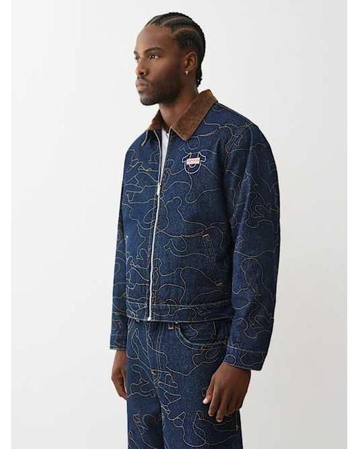 TRUE RELIGION Allover Embroidered Stitch Oversized Denim Jacket in 
