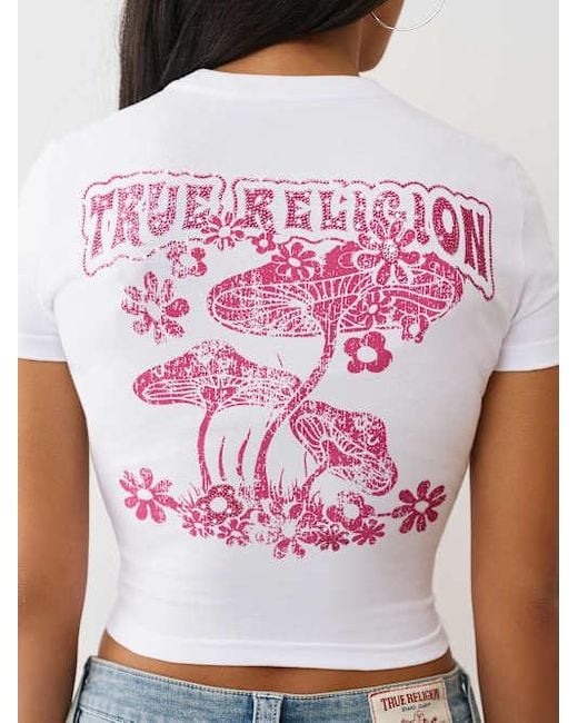 TRUE RELIGION Women's Pink Crystal Mushroom Graphic Baby T