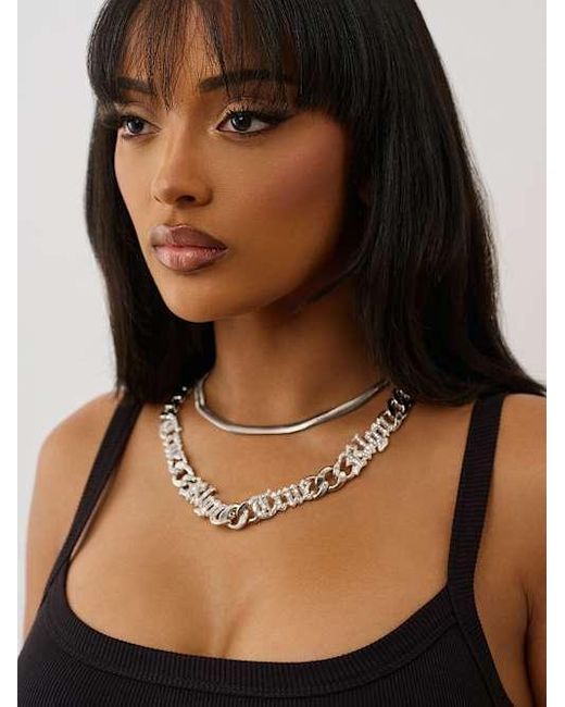 True Religion Black Crystal Logo Chain Necklace