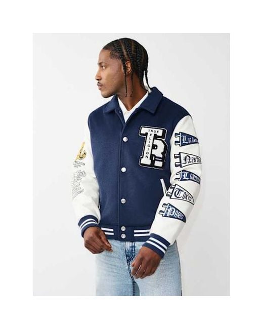 True Religion Blue Crest Wool Varsity Jacket for men