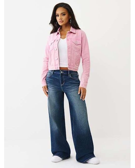 True Religion Red Acid Wash Cropped Trucker Jacket