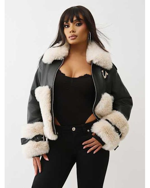 TRUE RELIGION Women's Black Faux Leather Biker Jacket