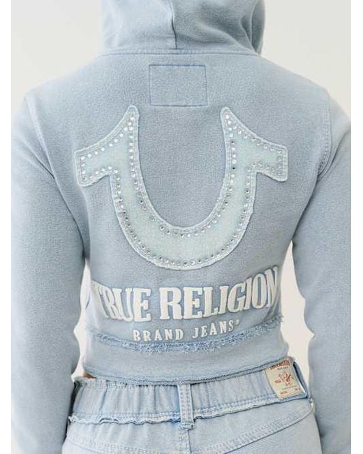 True Religion Blue Raw Edge Big T Shrunken Zip Hoodie