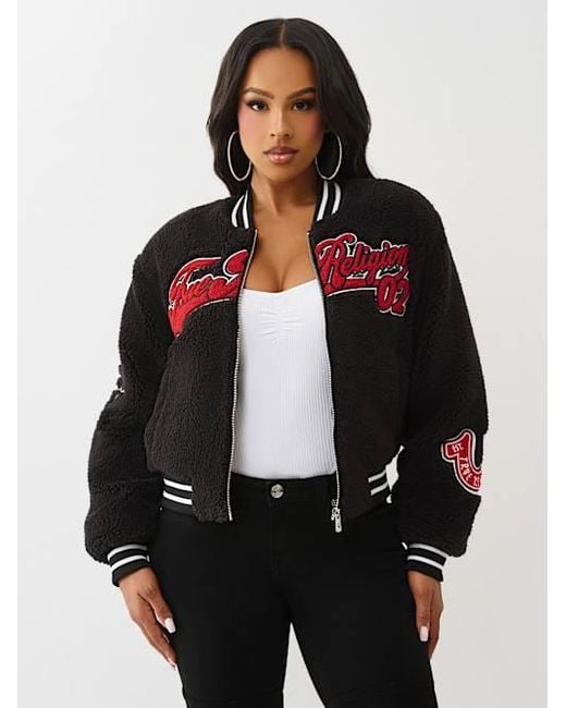 True Religion Black Sherpa Varsity Bomber Jacket