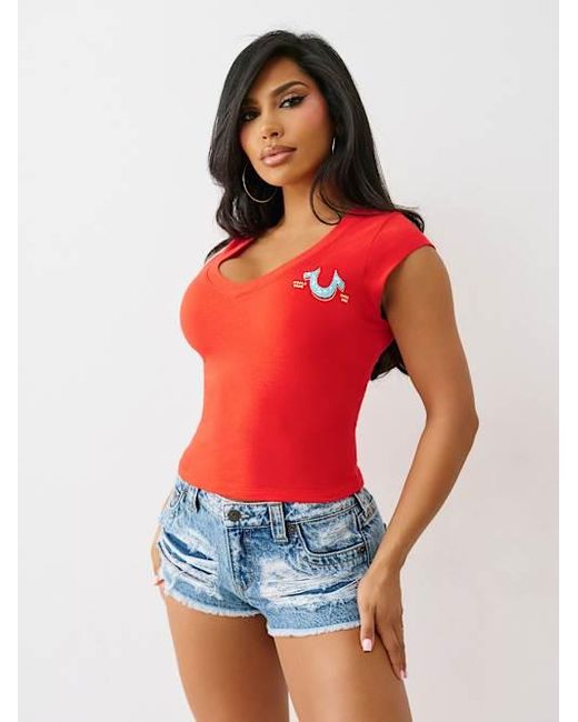 True Religion Red Crystal Logo Low Plunge T-shirt