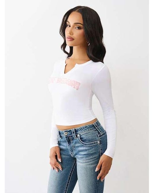 True Religion White Crystal Applique V Notch Long Sleeve T-shirt
