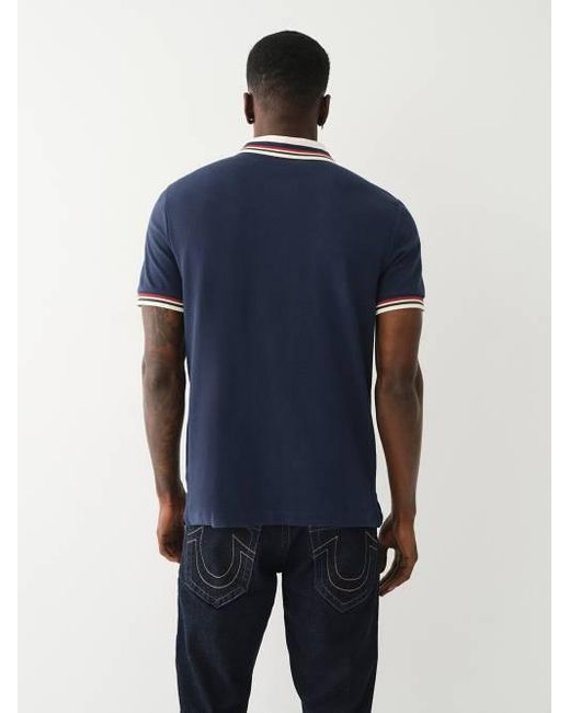 True Religion Blue Embroidered Varsity Striped Polo Shirt for men