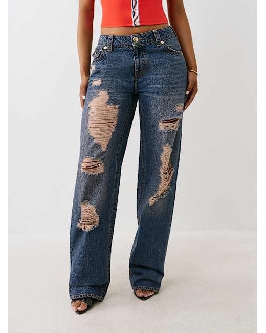 True Religion Blue Distressed Mid Rise Relaxed Straight Jean