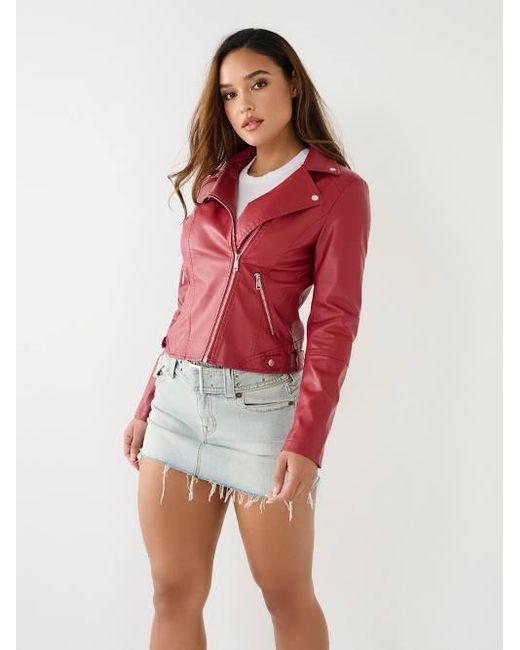 True Religion Red Faux Leather Moto Jacket