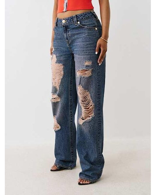 True Religion Blue Distressed Mid Rise Relaxed Straight Jean