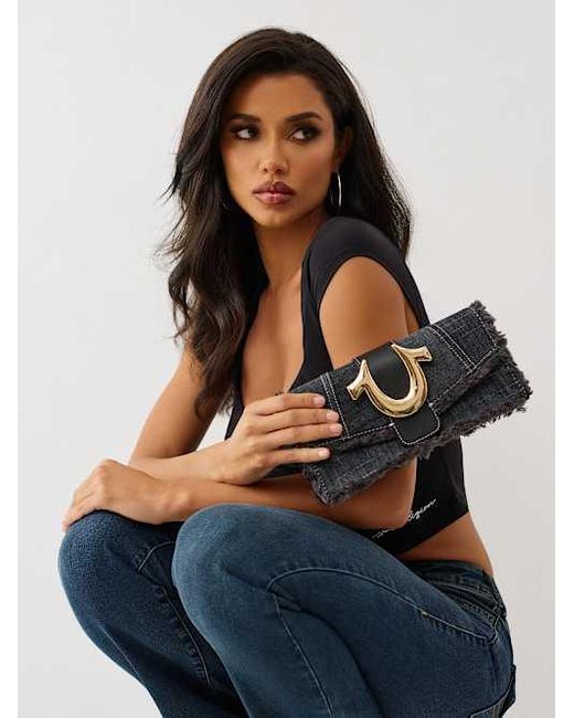 True Religion Black Frayed Denim Shoulder Bag