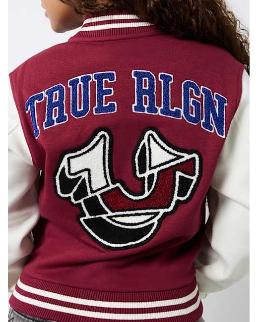 True Religion Red Fleece Patch Varsity Jacket