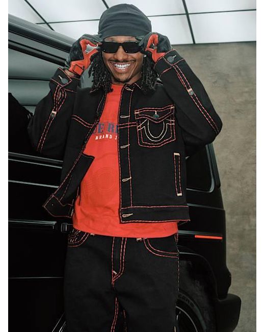 TRUE RELIGION Men's Black Super T Cropped Denim Jacket – Distressed Trucker  With Contrast