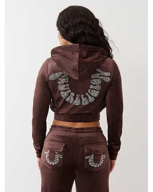 TRUE RELIGION Women's Red Crystal Horseshoe Velour Zip Hoodie