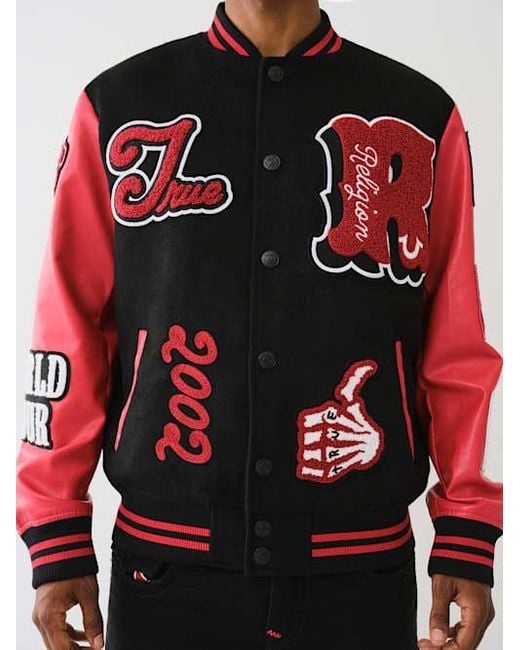 True Religion Chenille Logo Patch Varsity Jacket in Red for True Religion Chenille Logo Patch Varsity Jacket in Red for