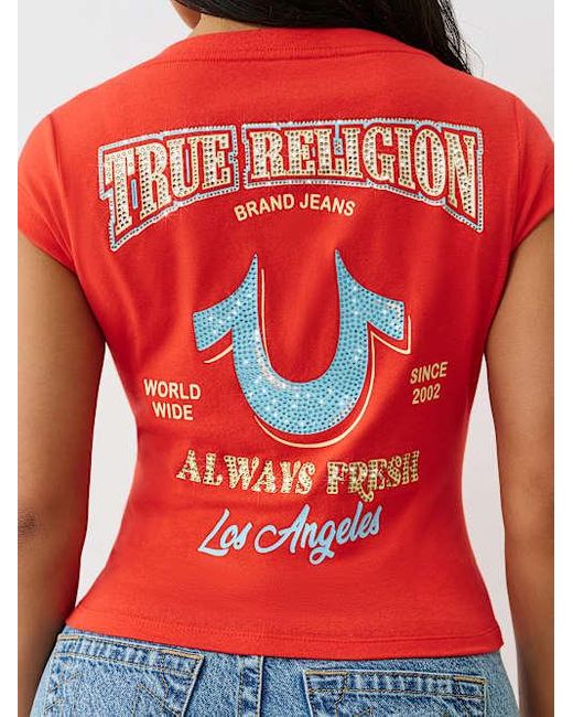 True Religion Red Crystal Logo Low Plunge T-shirt