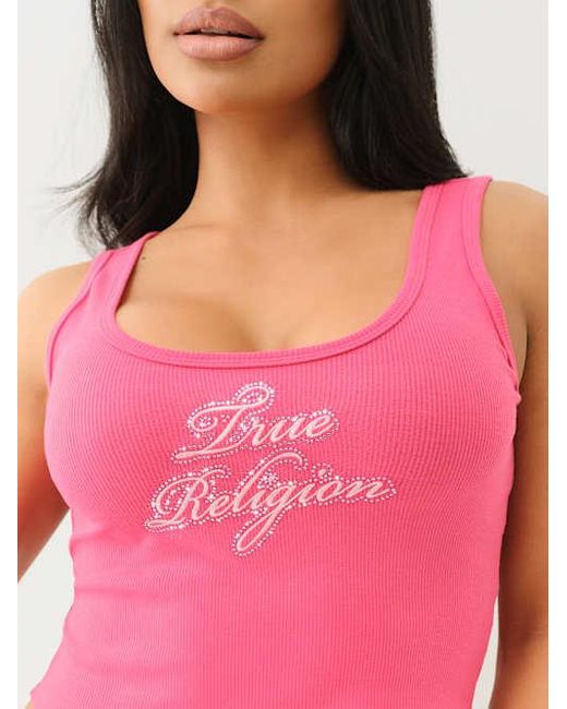 True Religion Pink Crystal Logo Raw Hem Tank Top