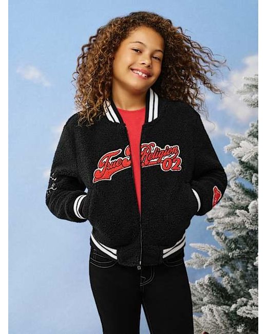 True Religion Black Girls Embroidered Logo Fleece Varsity Jacket
