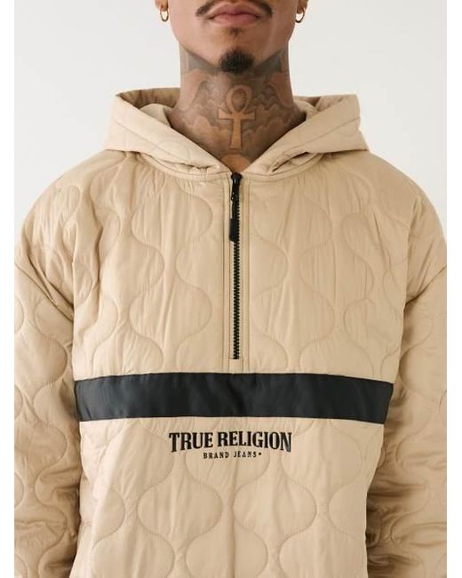True Religion Natural Tr Logo Quilted Half Zip Hoodie for men