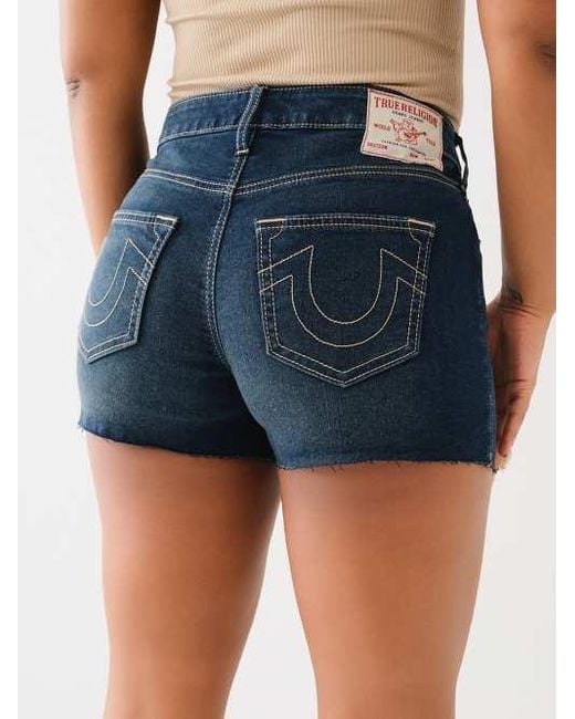 True Religion Blue Jennie Mid Rise Raw Hem Short