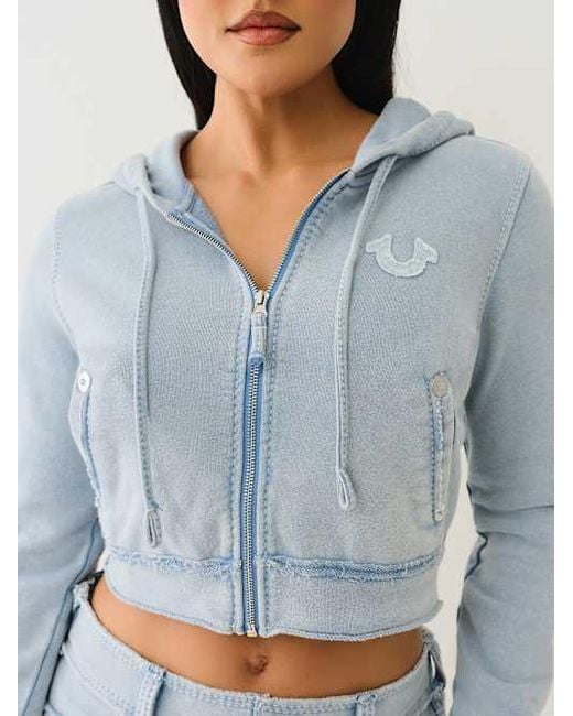 True Religion Blue Raw Edge Big T Shrunken Zip Hoodie