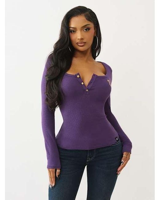 True Religion Purple Ribbed Logo Henley Shirt