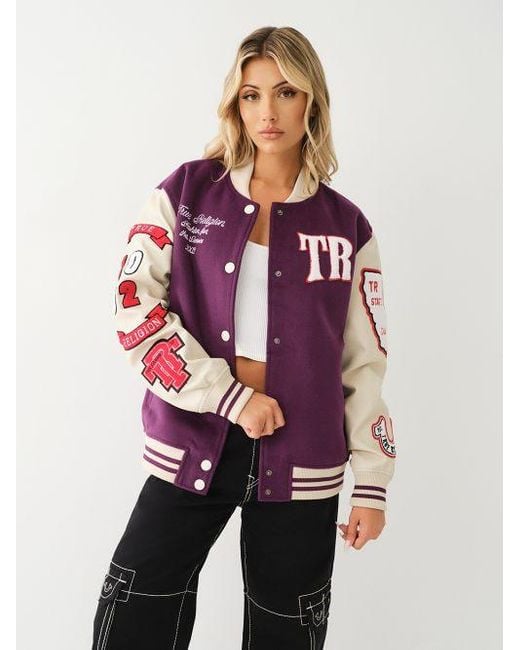 True Religion Purple Oversized Patch Varsity Jacket