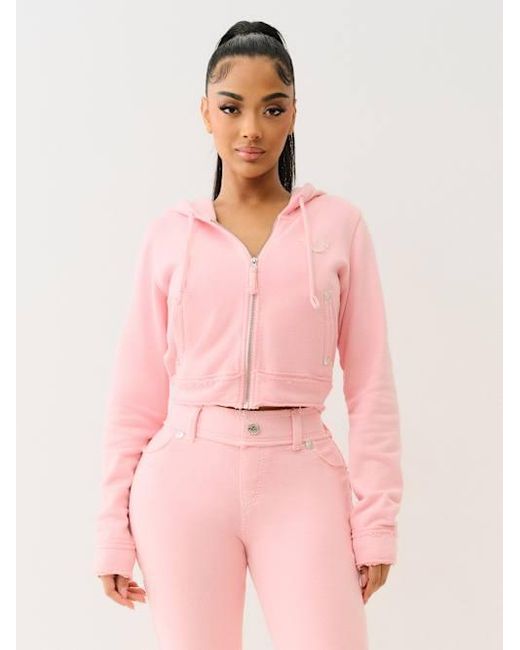 True Religion Pink Raw Edge Big T Shrunken Hoodie