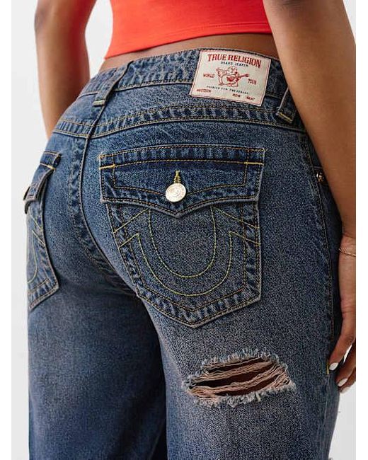 True Religion Blue Distressed Mid Rise Relaxed Straight Jean