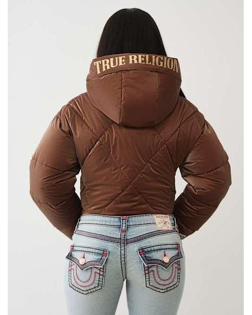 True Religion Brown High-shine Hooded Puffer Jacket
