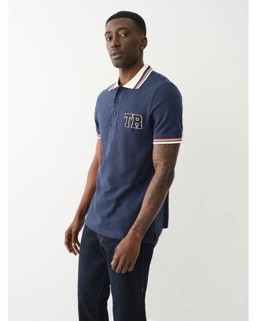 True Religion Blue Embroidered Varsity Striped Polo Shirt for men