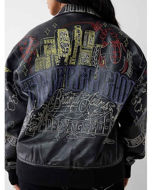 True Religion Gray Embroidered Faux Leather Jacket