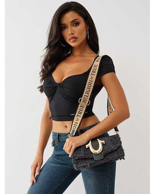True Religion Black Frayed Denim Shoulder Bag