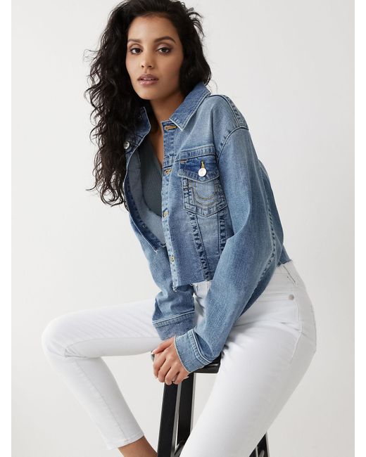 True Religion Crop Denim Jacket in Blue 