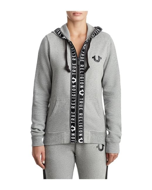 True Religion Logo Tape Zip Up Hoodie in Gray | Lyst