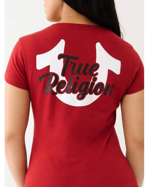 True Religion Red Glitter Logo V Neck Tee