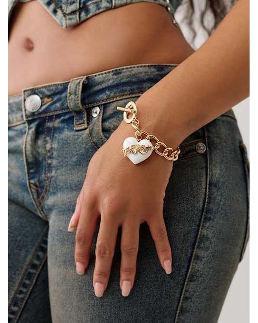 True Religion Gray Logo Heart Charms Bracelet