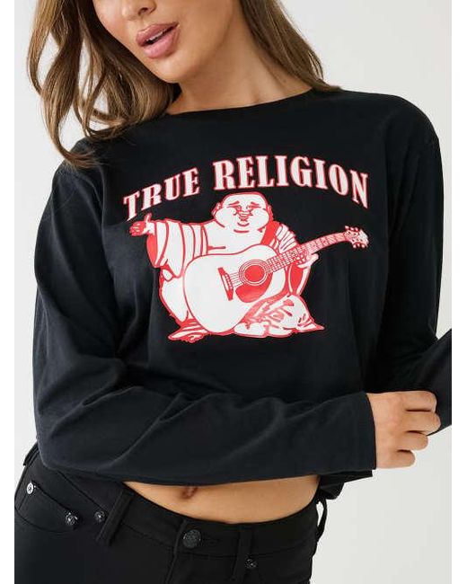 True Religion Blue Long Sleeve Logo Crop Tee
